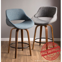 Lumisource B26-FBCO2Q WL+BU2 Fabrico Mid-Century Modern Counter Stool in Walnut and Blue Noise Fabric - Set of 2